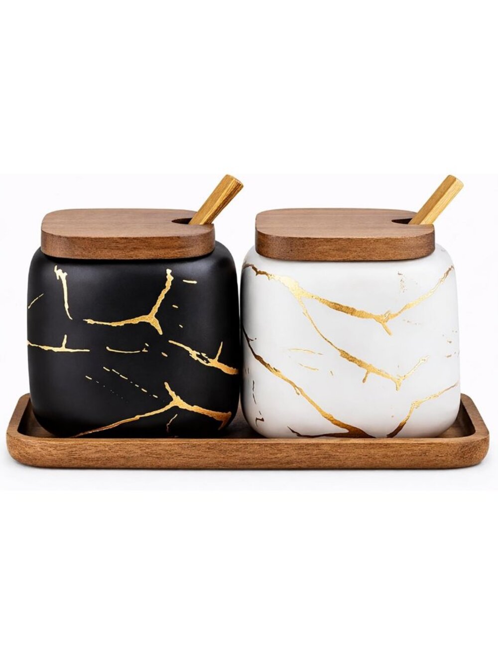 Set of 2 Marble Ceramic Seasoning Jars with Lids, Sugar Bowl, Tray & Spoons